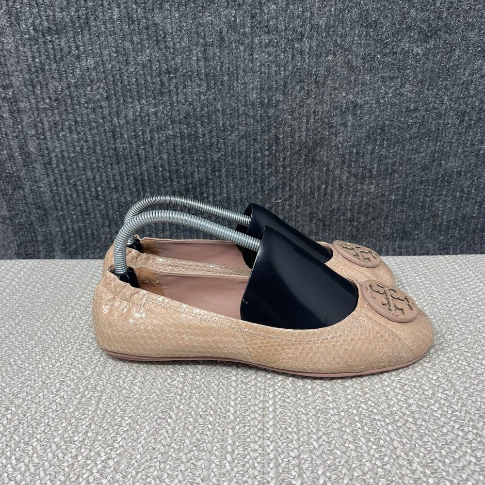 Tory Burch Minnie Travel Foldable Ballet Flats Tan Snakeskin Leather Logo 8.5 M - Picture 2 of 7